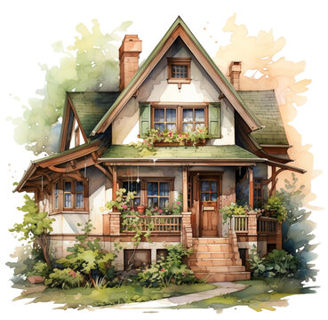 Watercolor vintage cottage with flowers illustration. Generative AI, png image