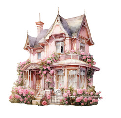Watercolor house with pink roses cottages flowers illustration. Generative AI, png image