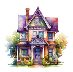Watercolor lilac house illustration. Generative AI, png image