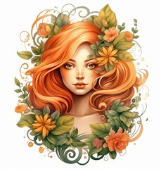 Beautiful girl face with autumn leaves and flowers. Art Portrait of beautiful young woman with flowers. Hand drawn vector illustration.  Fashion illustration in orange colors