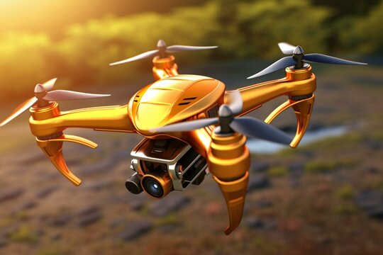 An airborne drone. A quadcopter for commercial and consumer use. Rendered in 3D. Generative AI
