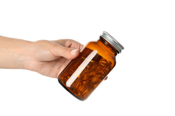 PNG,Brown bottle with omega pills, isolated on white background