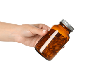 PNG,Brown bottle with omega pills, isolated on white background