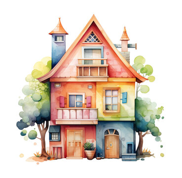 Watercolor toy house illustration. Generative AI, png image
