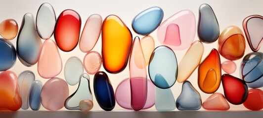 Many pastel multicolored abstract glass stones in different shapes. Banner