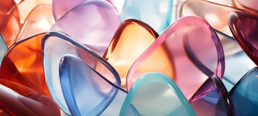 Many pastel multicolored abstract glass stones in different shapes. Banner 