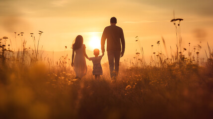 Happy family in silhouette enjoying a meadow walk at sunset - Generative Ai