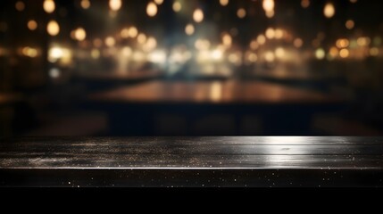 lights in the night,  cafe with bokeh lights background, an empty dark black marble table and...