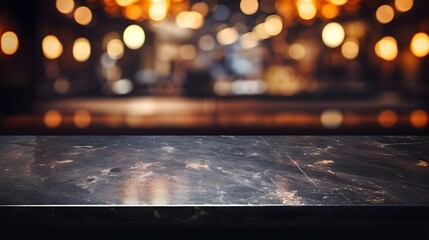  cafe with bokeh lights backgroind, an empty dark black marble table and blurred background of hall...