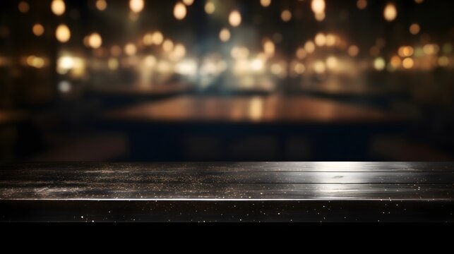 lights in the night,  cafe with bokeh lights background, an empty dark black marble table and blurred background of hall of stage bar, wallpaper