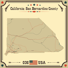 Large and accurate map of San Bernardino County, California, USA with vintage colors.
