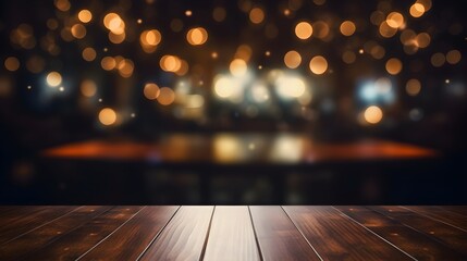 empty very dark marble table, table and bokeh background, blurred background of hall of stage bar or cafe with bokeh lights, christmas lights on wooden background