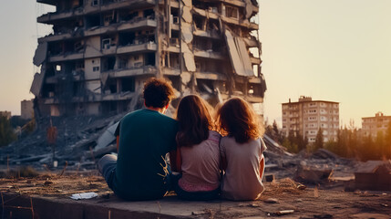 Fototapeta premium A family of three sits outside a destroyed apartment of a high - rise building.
