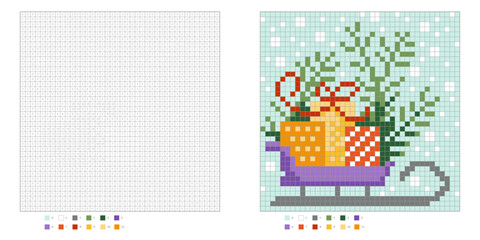 Santa sleigh with presents and christmas tree. Color by number. Pixel coloring book. Numbered squares