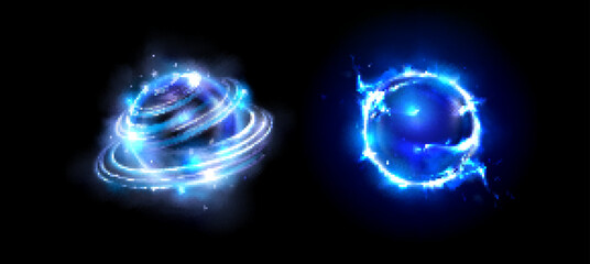 Magic energy ball and blue fire power orb game icon with light glow effect. Fireball sphere round vector portal swirl element. 3d cristal flame burst flare with steam set. Abstract radial asset kit