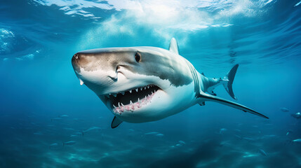 Naklejka premium Shark swimming under sun rays in the blue ocean waters. Generative AI