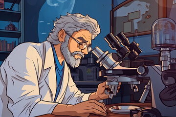 An illustration of scientist looking through microscope.