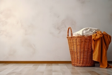 Basket with dirty laundry on floor against light wall.