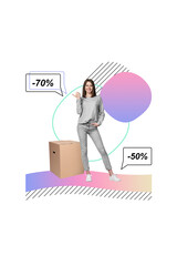 Vertical collage image of cheerful girl direct finger special offer sale ad carton box isolated on creative white background