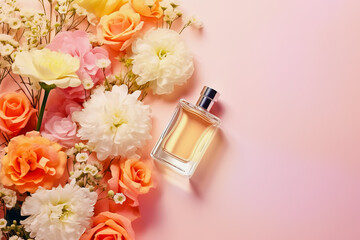 Bottle of perfume with flowers on color background. - Powered by Adobe