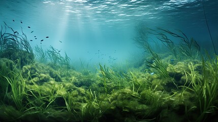 Sunlight through underwater view and seabed with green seagrass.