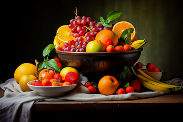 Basket and fresh fruits on wooden table.
