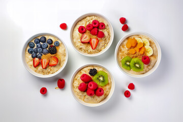 Bowls of oatmeal with berries and fruits on white background.