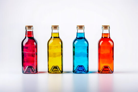 Bottles with different drinks on white background.