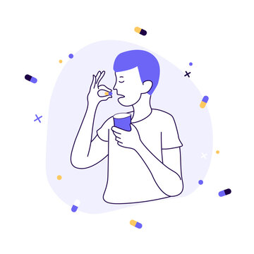 Illustration vectorielle m&eacute;dicale. Jeune homme qui avale ses m&eacute;dicaments avec un verre d'eau. Dessin &agrave; la main, trac&eacute;. Sant&eacute;, maladie, avaler, manger. Se soigner, personnage, illustration