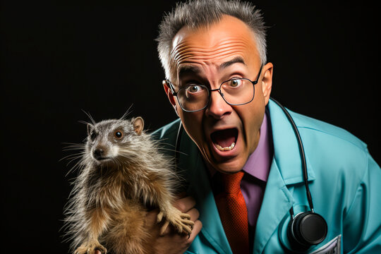 Tense veterinarian scowling at pet causing disarray with medical supplies on plain background.