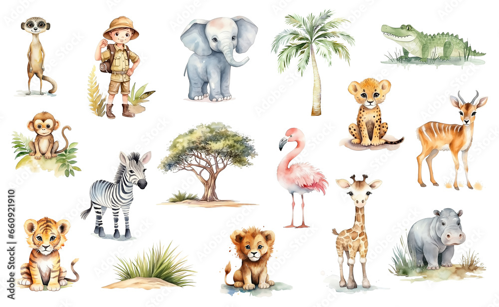 Poster Watercolor big safari set isolated on white. African safari animals - elephant, giraffe, crocodile, tiger, lion, cheetah, zebra, flamingo, monkey, meerkat and others, young explorer and African trees.