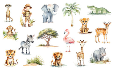 Watercolor big safari set isolated on white. African safari animals - elephant, giraffe, crocodile, tiger, lion, cheetah, zebra, flamingo, monkey, meerkat and others, young explorer and African trees. - obrazy, fototapety, plakaty
