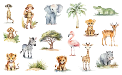 Watercolor big safari set isolated on white. African safari animals - elephant, giraffe, crocodile, tiger, lion, cheetah, zebra, flamingo, monkey, meerkat and others, young explorer and African trees. © Nataliia Pyzhova