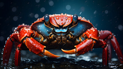 Big red crab on close up photo.
