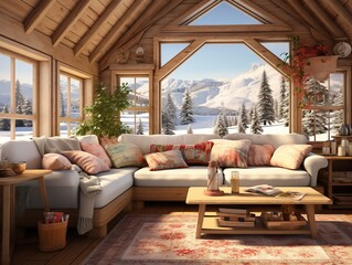 Cozy rustic winter cabin interior 3d illustration, Generative AI - obrazy, fototapety, plakaty