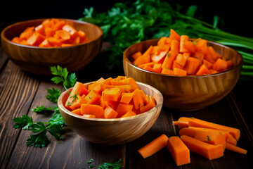 Different cuts of carrot in bowls on wooden background. - obrazy, fototapety, plakaty