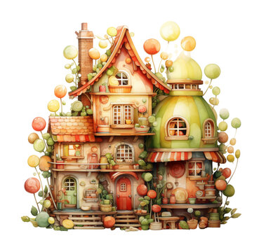 Watercolor colorful house with tree, fairytale house illustration. Generative AI, png image