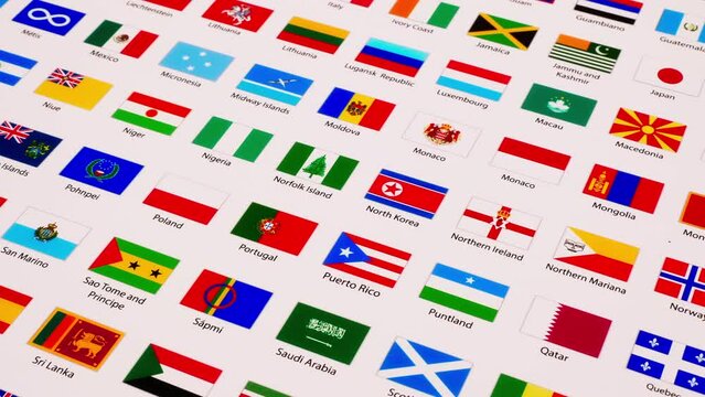 From close-up to zooming out of a picture of different flags of nations, states, tribes, and International Organizations in the world.