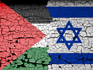 The flags of Israel and Palestine are both made of texture. Concept illustration depicting the conflict war between Palestine and Israel. Basemap and background concept. double exposure hologram