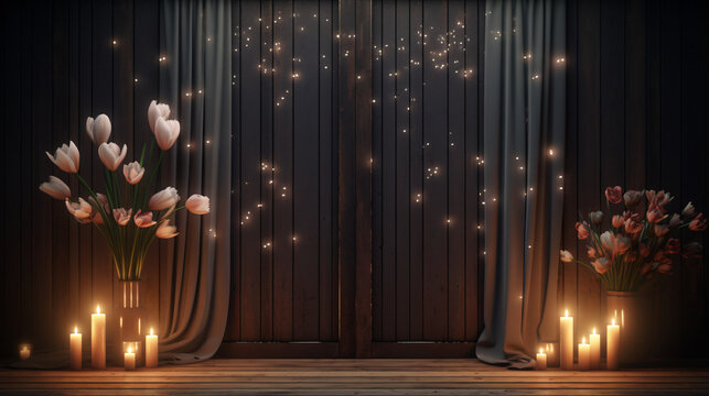 A barn door with two vases of flowers and candles