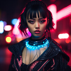 Portrait of a beautiful stylish  asian woman in neon light at night city. Futuristic style. Fashion shot of asian girl in cyberstyle with colorful neon lights on the background. AI generated