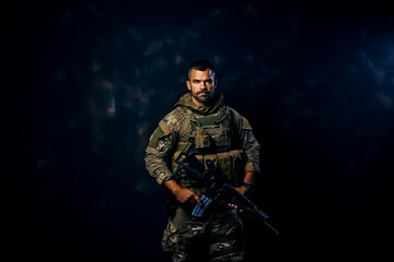 Naklejka premium Modern special forces soldier in camouflage uniform looking sideways. studio photo against a dark textured wall. Generative AI
