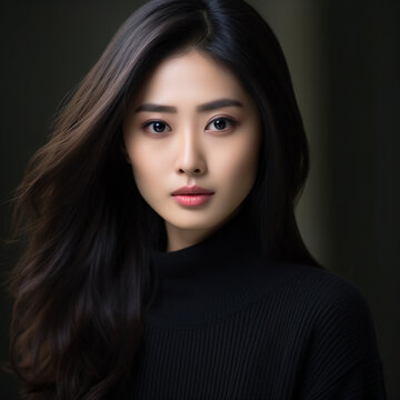 Close-up face of attractive asian girl with black long straight hair and natural  makeup, studio shot. Portrait of beautiful asian woman with professional makeup and hairstyle. Skin care. AI generated