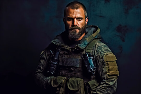 Modern special forces soldier in camouflage uniform looking sideways. studio photo against a dark textured wall. Generative AI