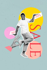 Vertical photo illustration funny young man collage template boogie woogie dancer rhythm low prices...