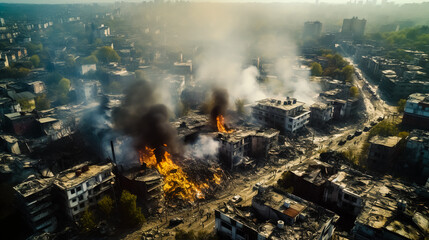 Photo of city after bombing. Aerial view. Generative AI