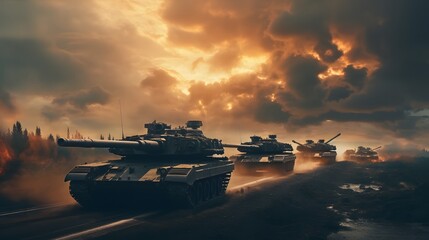 Tanks with tankers turn around and go to the training - obrazy, fototapety, plakaty