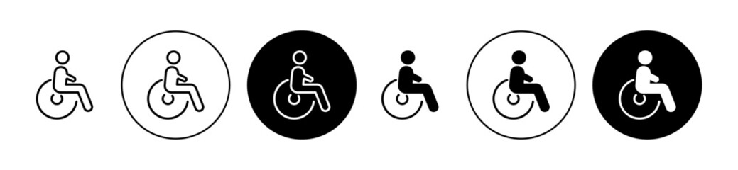 Wheelchair vector icon set. Disability electric wheel chair icon in black filled and outlined style for ui designs. - obrazy, fototapety, plakaty