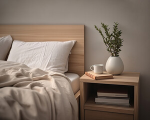 Bedside wooden table in a light-toned bedroom