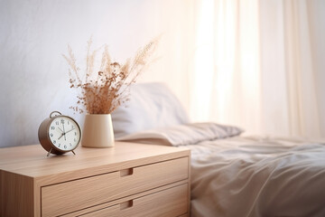 Bedside wooden table in a light-toned bedroom - obrazy, fototapety, plakaty